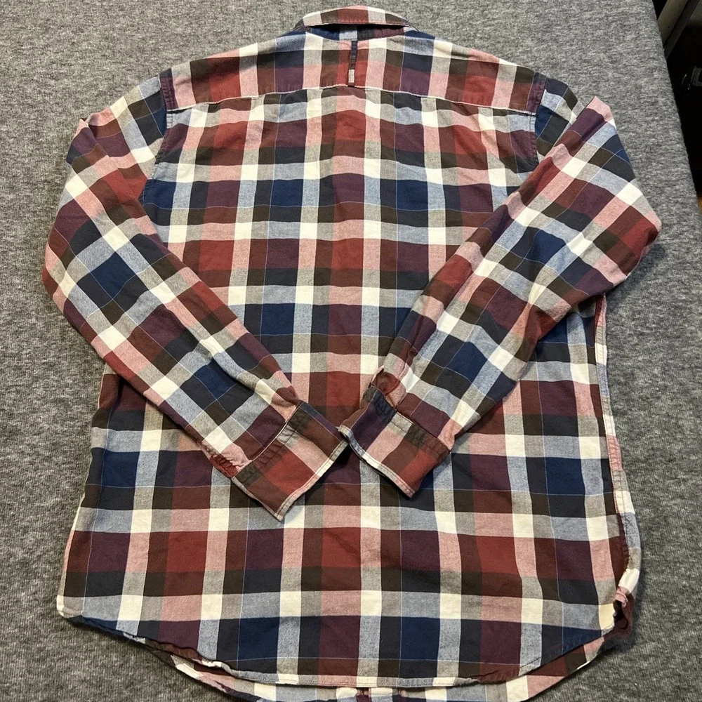 Banana Republic LUXE FLANNEL Shirt Men's Large Red Gray Blue Plaid Ready To Wear